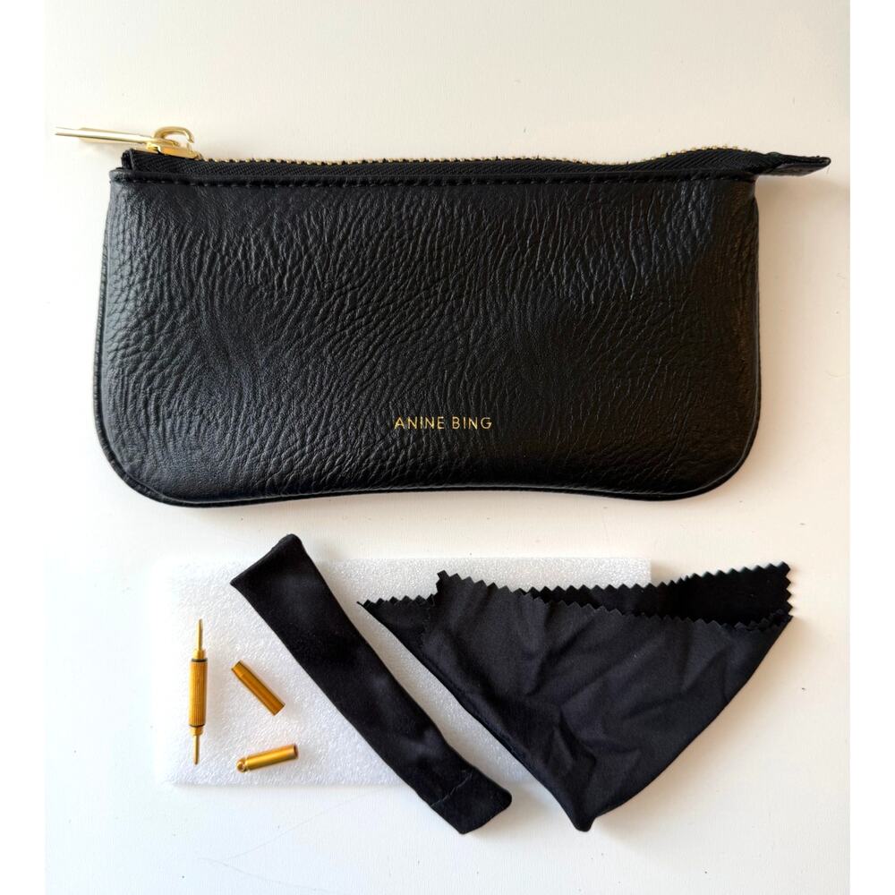 Anine Bing Black Pebbled Leather Sunglasses Case Gold Zipper Screwdriver & Cloth